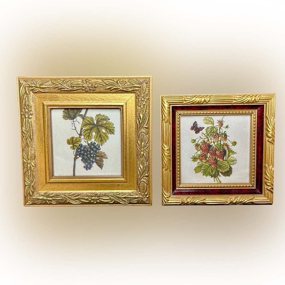 Vintage Strawberry & Grapes Butterfly Ornate Gold Framed Rustic Decor Set Of 2